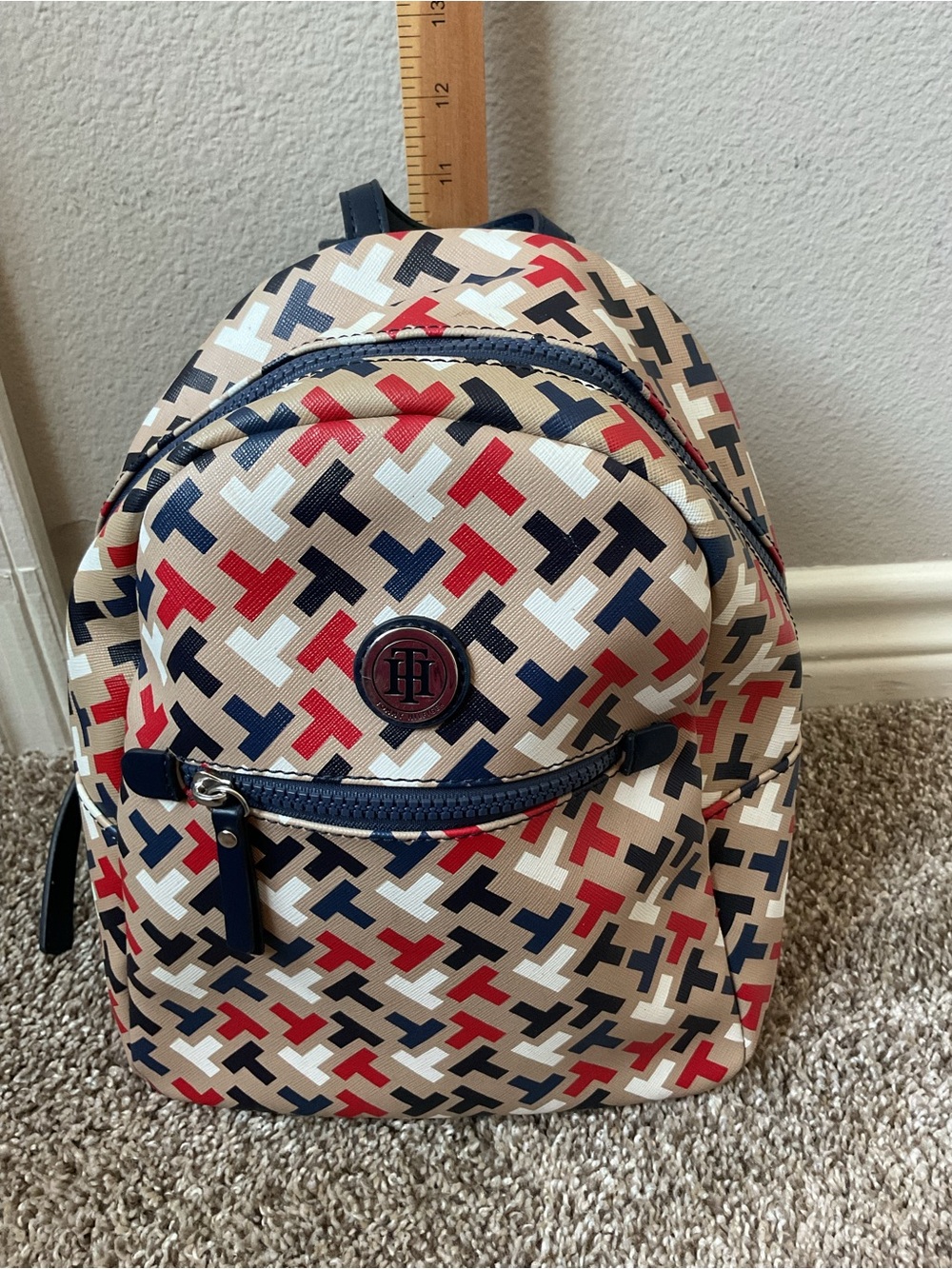 Tommy Hilfiger Beige Mini Backpack with Navy & Red Pattern. Excellent condition